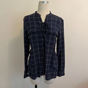 Madewell 100% Silk Lace Up Shirt Blouse Windowpane Plaid Womens Size S Navy